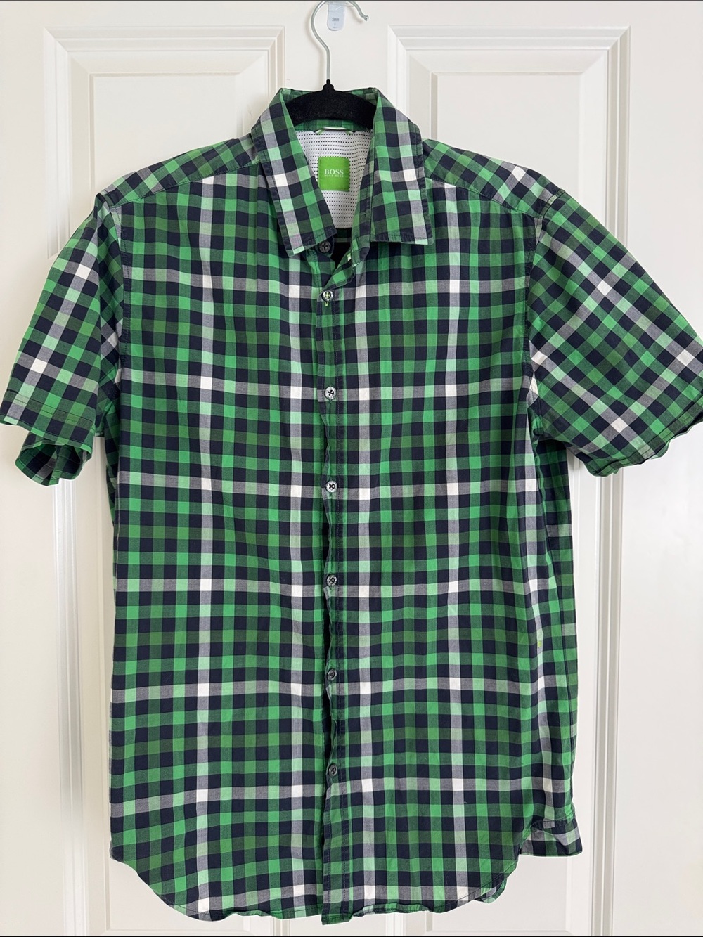Boss Green Navy Plaid Short Sleeve Button-Down Shirt